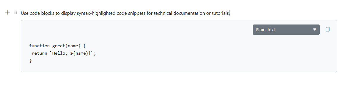 Blazor Block Editor code block